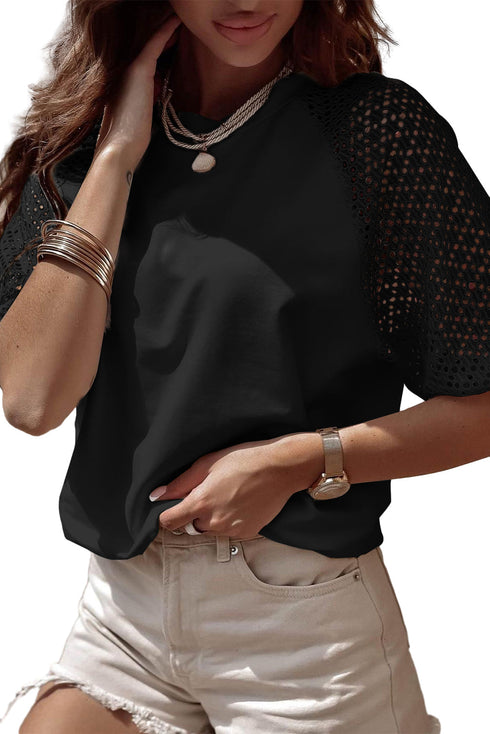 Pointelle Lace Half Sleeve Crew Neck Tee